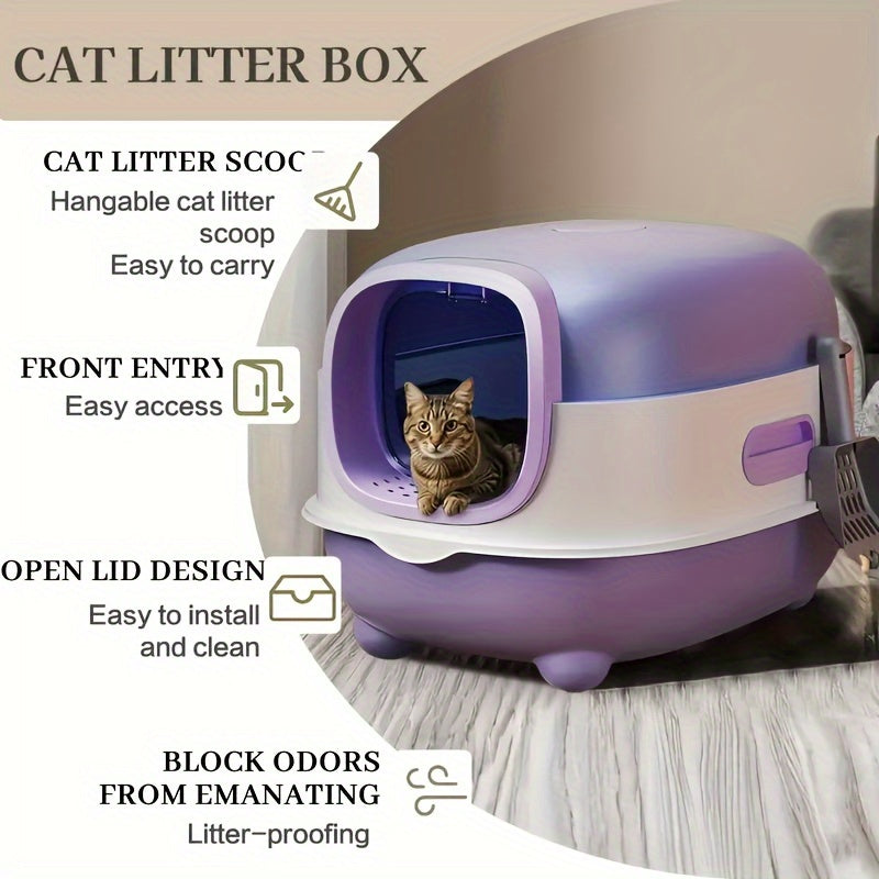 Extra Large Enclosed Cat Litter Box with Pull-Out Drawer Anti-Odor Anti-Splash Easy Clean Portable Indoor Outdoor Cat Toilet with Litter Shovel Purple Gray Blue Holiday Gift