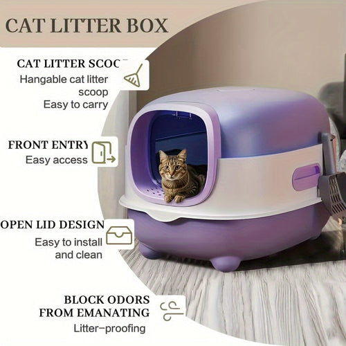 Extra Large Enclosed Cat Litter Box with Pull-Out Drawer Anti-Odor Anti-Splash Easy Clean Portable Indoor Outdoor Cat Toilet with Litter Shovel Purple Gray Blue Holiday Gift