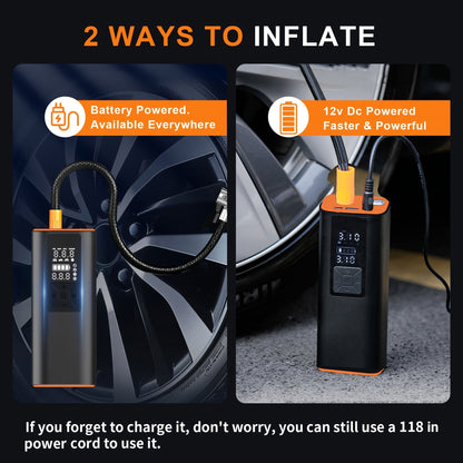 Portable Tire Inflator 150 PSI Wireless Air Compressor – Digital Pressure Gauge, Auto Shut-Off, LED Light, Dual Power 6000mAh Battery + 12V Cord, 4 Preset Modes for Car Motorcycle Bike Ball