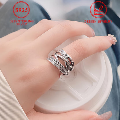 925 Sterling Silver Feather Ring Vintage Hip Hop Infinity Cross Band Fashion Jewelry for Women and Men Sizes 6 7 8 9 10 Daily Wear Gift