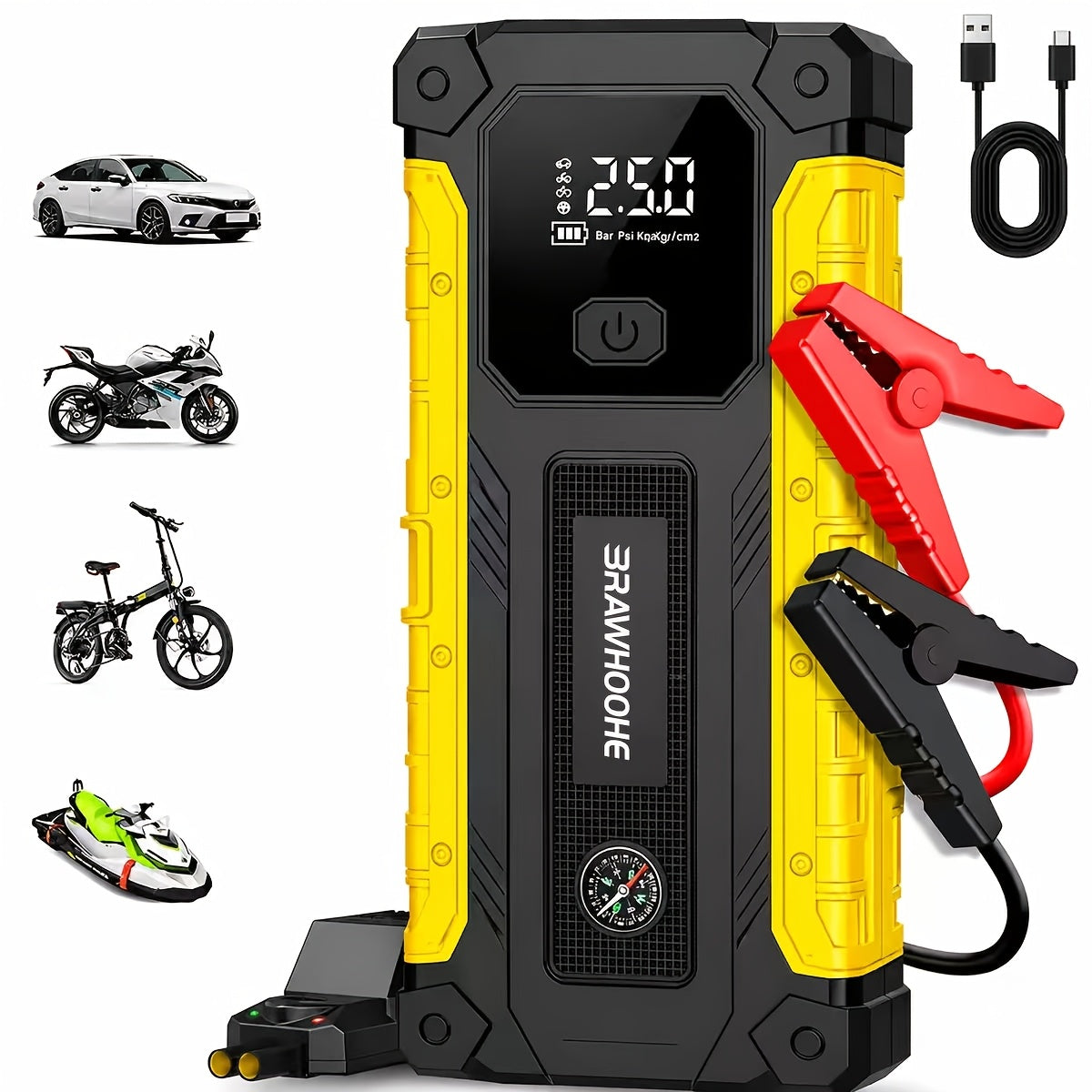 3000A Car Jump Starter 9-in-1 with Built-In Tire Inflator, USB Ports & LED Emergency Light – 12V Portable Wireless Battery Booster for Cars, Trucks & SUVs – Roadside Emergency Tool – Velora