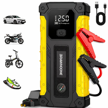 3000A Car Jump Starter 9-in-1 with Built-In Tire Inflator, USB Ports & LED Emergency Light – 12V Portable Wireless Battery Booster for Cars, Trucks & SUVs – Roadside Emergency Tool – Velora