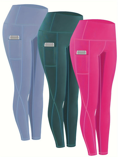 Women's High Waist Compression Leggings 3-Pack with Pockets 230g Breathable Tights for Yoga Fitness Sports Daily Wear – All Seasons Multi-Color Shapewear S-XXL