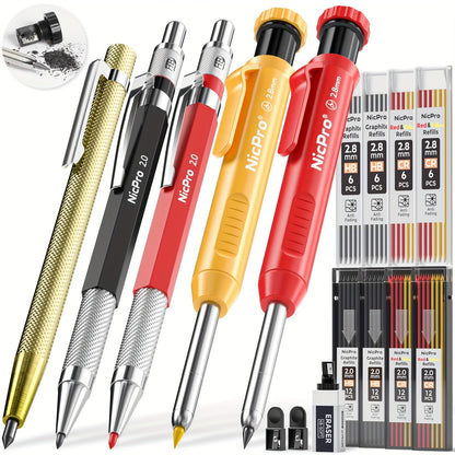 Carpenter Pencil Set with Sharpener – Mechanical Pencils with Refills, Automatic Center Punch & Carbide Scribe Tools in Sturdy Case, 15/16/17/18/27-Piece Pro Marking Kit for Woodworking