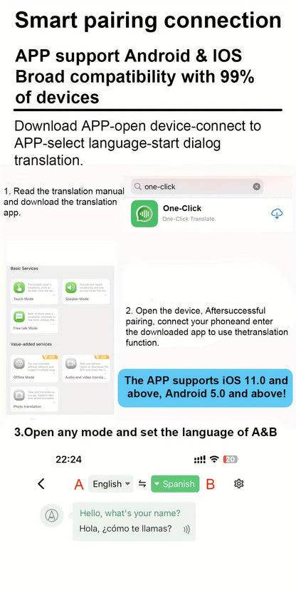 Portable Language Translator Device Two-Way Instant Voice Translation 137 Languages APP Connected High Accuracy Translator for Travel Business Learning with Headphones