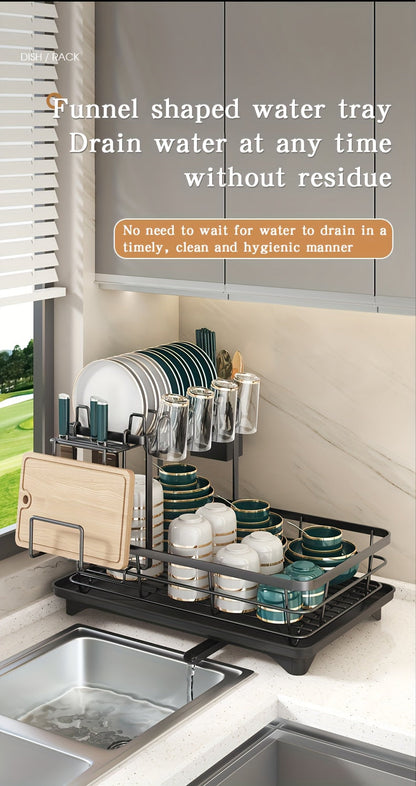 2-Tier Metal Dish Drying Rack with Cutlery Holder, Cup Holder & Rust-Proof Drip Tray – Space-Saving Countertop Dish Drainer for Kitchen Organization, Durable Steel Dish Rack for All Countertop Types