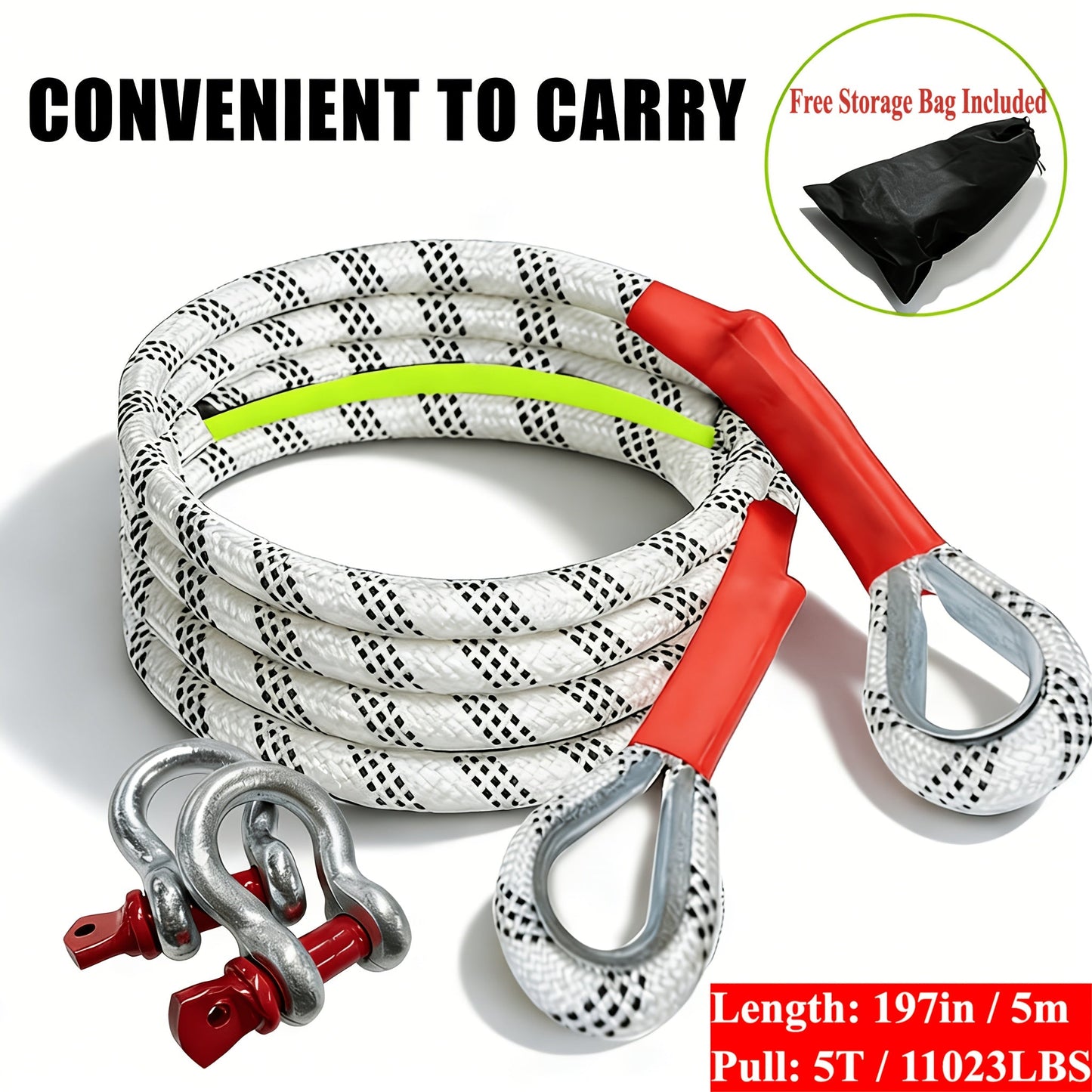 Heavy Duty Tow Rope & Hook Combo Set – 196.85" Nylon Recovery Rope 5/18/20 Ton with 2 Steel U-Hooks & Storage Bag, Off-Road Vehicle Recovery for Truck SUV UTV ATV Jeep, 3 Size Options