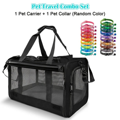 Airline Approved Pet Carrier Soft Sided – Breathable Collapsible Travel Bag for Cats & Small Dogs with Accessories Bundle Collar Bowls or Pet Glove 10 Colors Pink Blue Black Gray Navy Green Orange