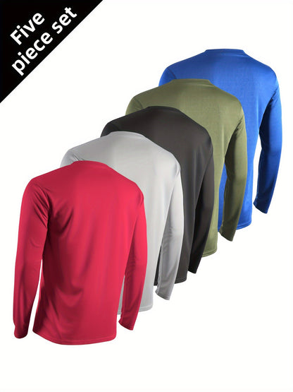 Men's Quick Dry Long Sleeve Shirts 5-Pack Moisture Wicking Breathable Athletic Workout Tops - Anti-Odor Stretchy Running Gym Training S-XXL