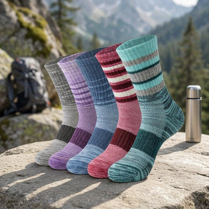 5 Pairs Merino Wool Hiking Socks for Men & Women – Compression Support, Thick Cushion, Sweat-Absorbing Breathable Outdoor Socks – Multicolor & Dark Colors, Sizes M & L