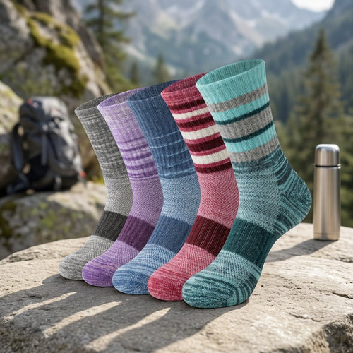 5 Pairs Merino Wool Hiking Socks for Men & Women – Compression Support, Thick Cushion, Sweat-Absorbing Breathable Outdoor Socks – Multicolor & Dark Colors, Sizes M & L