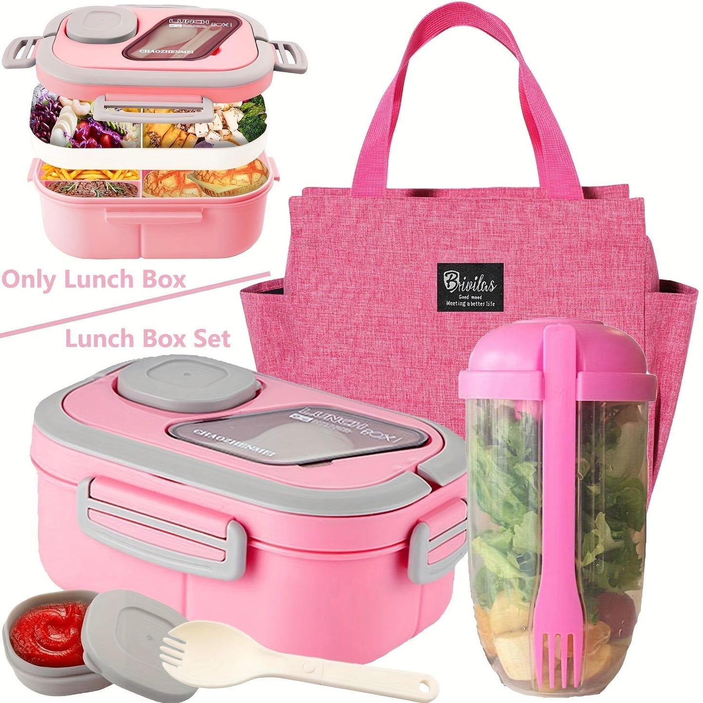 2-Layer Bento Lunch Box Set with Cup & Insulated Lunch Bag – Multi-Grid Leakproof Food Container for School, Office & Picnic, Choose Salad, Coffee, Milk or Soup Cup, Pink Green Blue White