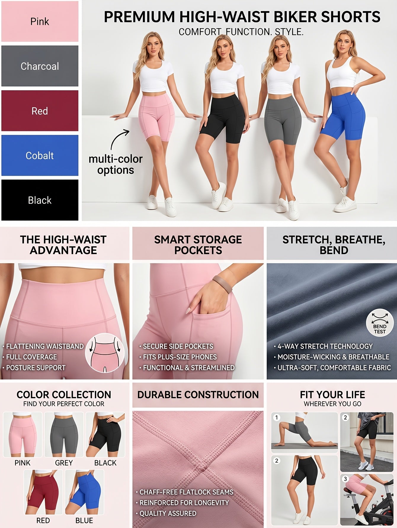 Women's High-Waisted Cycling Shorts 5-Pack with Pockets – Yoga Gym Running Workout Shorts, Stretch Polyester Fabric, Sizes M to XXL, Mixed Colors Set for Active Women