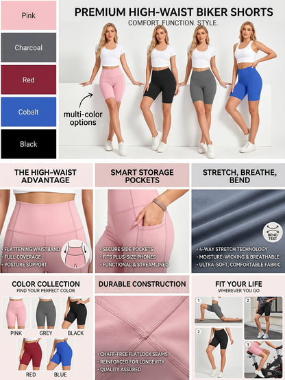 Women's High-Waisted Cycling Shorts 5-Pack with Pockets – Yoga Gym Running Workout Shorts, Stretch Polyester Fabric, Sizes M to XXL, Mixed Colors Set for Active Women