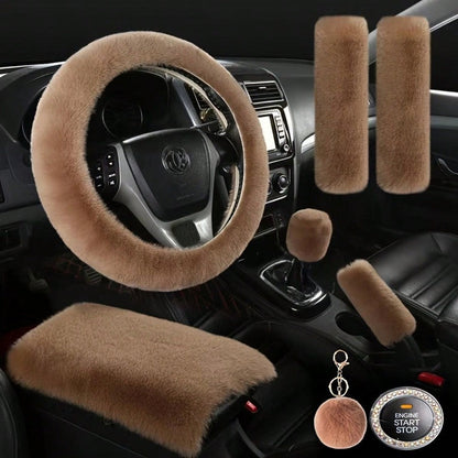 Fluffy Plush Car Steering Wheel Cover 8-Piece Interior Set - Rex Rabbit Fur Universal Fit 14.5-15 Inch, Cute Women's Car Accessories in 12 Colors for SUV Sedan Truck, Pink Purple Black & More