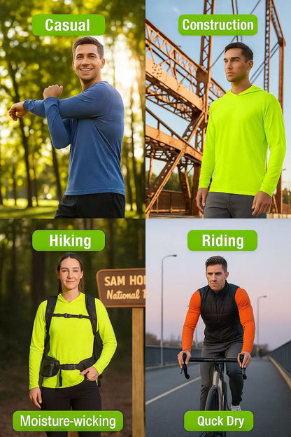 Men's UPF 50+ Sun Protection Long Sleeve Hoodie – Quick-Dry Moisture-Wicking Lightweight UV Shirt for Hiking, Fishing & Outdoor Activities, High Visibility Active Wear, Sizes S-XXXL