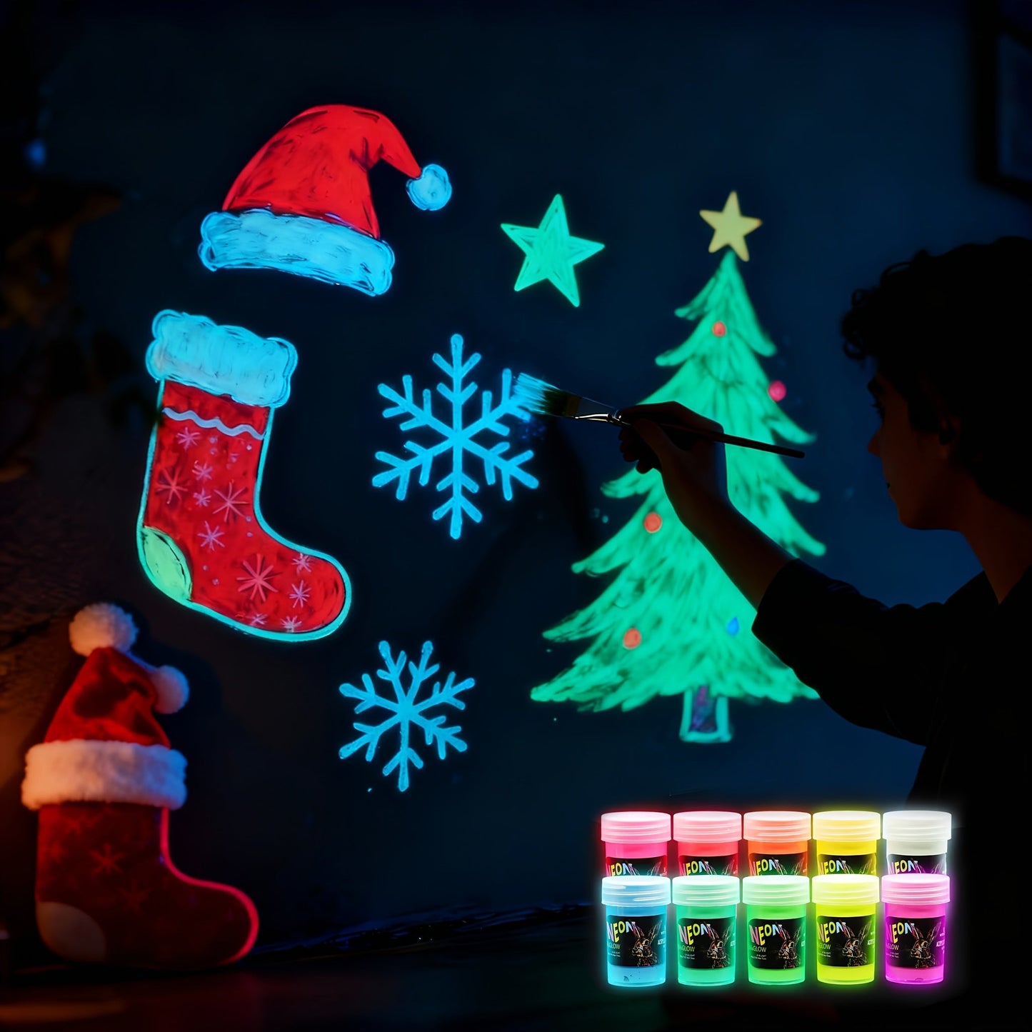 Glow in the Dark Paint Set 10 Colors 22ml Neon UV Acrylic Paint 2-in-1 Charge Glow and UV Activated for Rock Painting Canvas Craft Holiday Decor Christmas Gift
