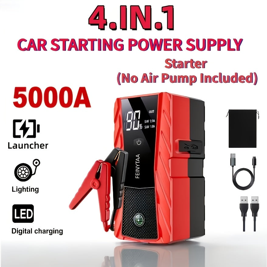 Jump Starter with Digital Tire Inflator 5000A/10000A Peak, Multi-Function Car Jump Box with Smart Battery Clamps LED Flashlight Power Bank, Emergency Kit for Car RV Motorcycle