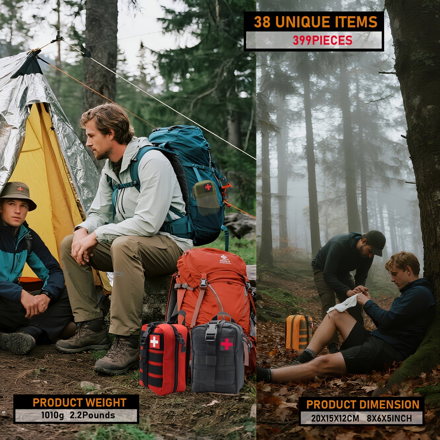 Professional First Aid Kit 399 Piece & 99 Piece Survival Gear Emergency Kit for Hiking Camping Hunting Car Travel – Includes Scissors Tweezers Splints – Gift for Men
