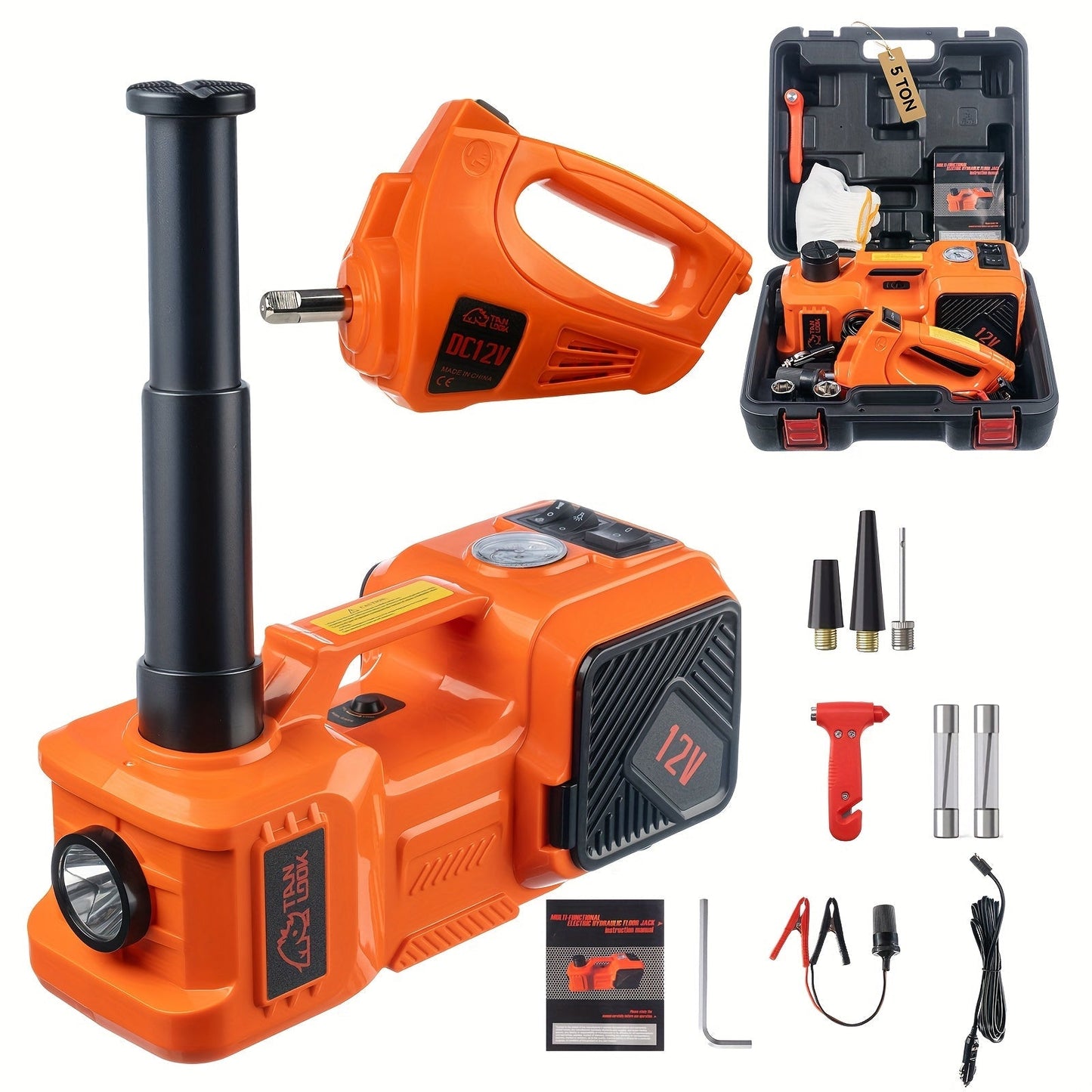5 Ton Electric Hydraulic Car Jack with Built-in Air Pump - Portable Car Lift for SUV MPV Truck Tire Replacement & Garage Maintenance, Optional Electric Impact Wrench, Emergency Roadside Tool