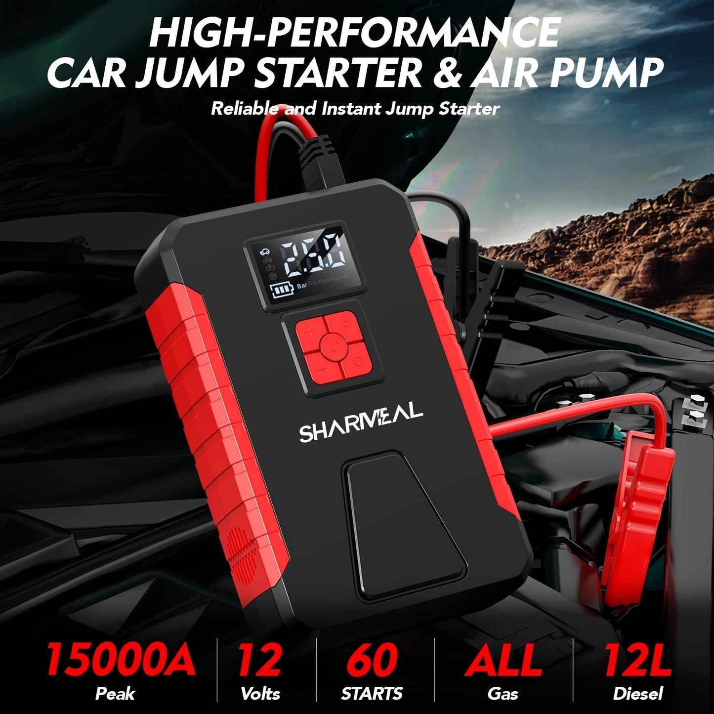 Portable Jump Starter 15000A-19000A Peak | 17-in-1 with 350PSI Air Compressor, 12V Car Battery Charger, LED Light, Digital Display – Emergency Kit for Cars, Trucks & SUVs
