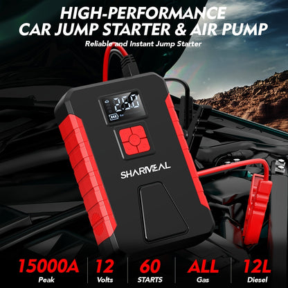Portable Jump Starter 15000A-19000A Peak | 17-in-1 with 350PSI Air Compressor, 12V Car Battery Charger, LED Light, Digital Display – Emergency Kit for Cars, Trucks & SUVs