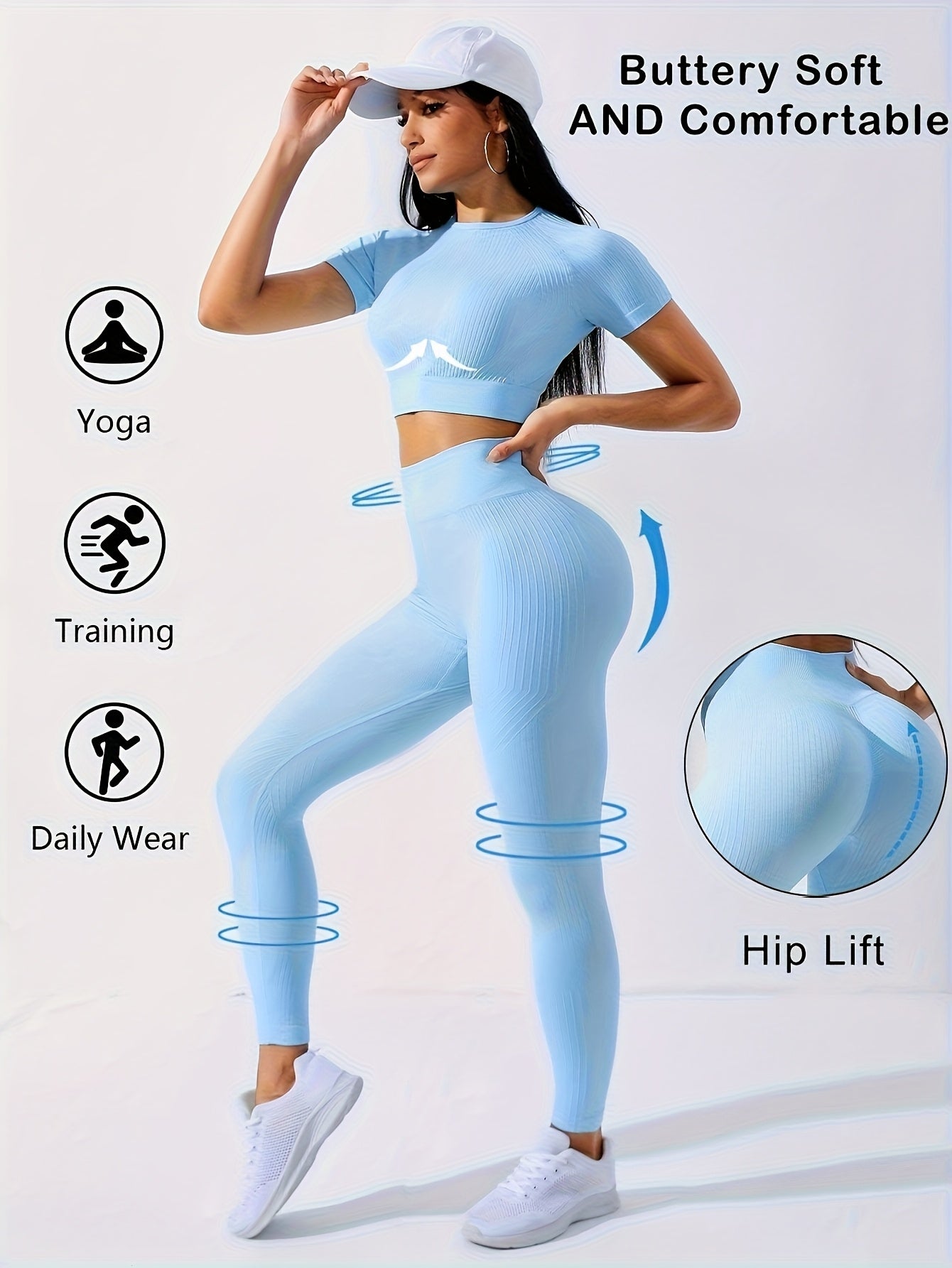 Women's 2-Piece Workout Set - Yoga Crop Top & High Waist Leggings, Crew Neck Medium Stretch Solid Color All-Season Activewear for Gym Fitness Pilates Running, Sizes XS-XL