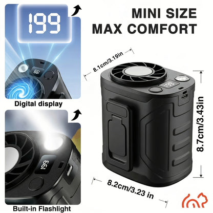 Portable Neck & Waist Fan 18000RPM Brushless Motor – 199-Speed Adjustment, 5000mAh Battery, LED Power Display, Hands-Free Wearable Cooling Fan for Outdoor Work, Camping, Fishing, Hiking & Travel