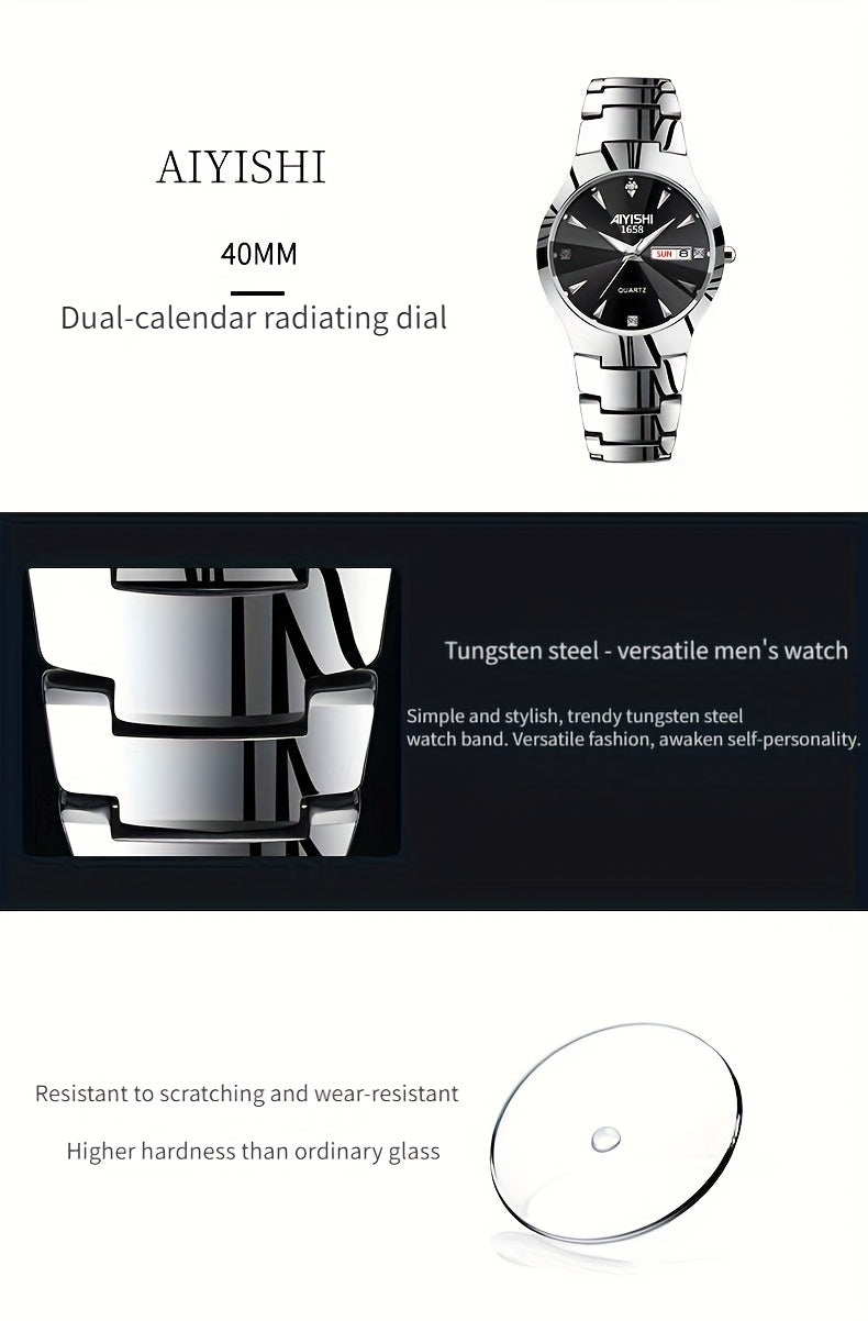 Men's Luminous Quartz Business Watch with Dual Date Calendar – Elegant Zinc Alloy Case, Simple Trend Design, Dress & Casual Wear