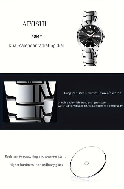 Men's Luminous Quartz Business Watch with Dual Date Calendar – Elegant Zinc Alloy Case, Simple Trend Design, Dress & Casual Wear