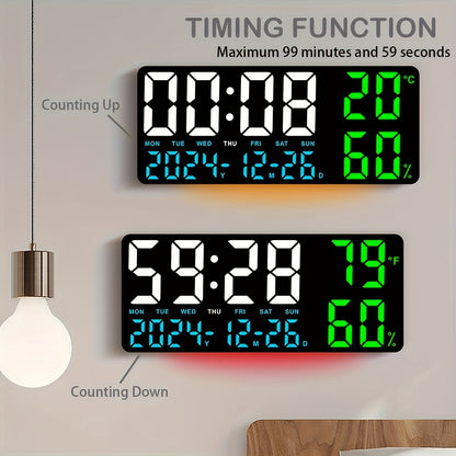 Large Screen LED Alarm Clock 15 Inch Auto-Dimming with Remote Control | Digital Clock Time Date Week Temperature Humidity Timer | Bedroom Bedside Senior-Friendly Living Room Office Desk