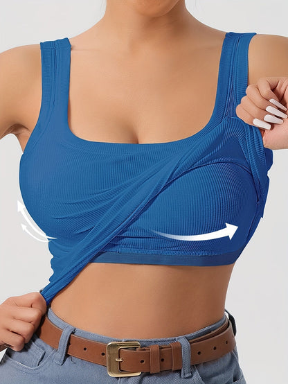 Women's Scoop Neck Tank Top Removable Chest Padding Slim Fit Casual Summer Sleeveless Top 8 Colors XS-XL Built-In Bra