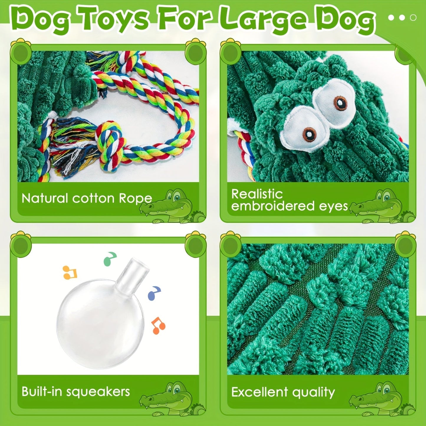 Crocodile Squeaky Dog Chew Toy with Built-In Squeaker – Durable Cotton Rope & Canvas Tug Toy for Small Medium Large Dogs, Teeth Cleaning, Interactive Tug-of-War, Aggressive Chewer Safe