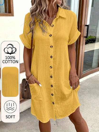 Women's V-Neck Short Sleeve A-Line Shirt Dress – Button-Front Soft Breathable Casual to Semi-Formal Blouse Dress, 5 Colors, Inclusive Sizes S-XXL