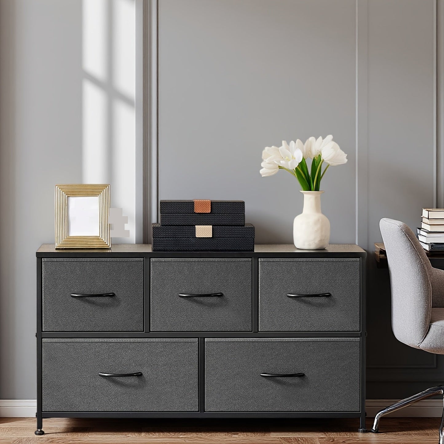 5-Drawer Lateral File Cabinet with Metal Frame & Wooden Top – Industrial Office Storage Organizer, 3 Upper + 2 Lower Drawers, Open Storage, Fits TV up to 45” – Black & Grey