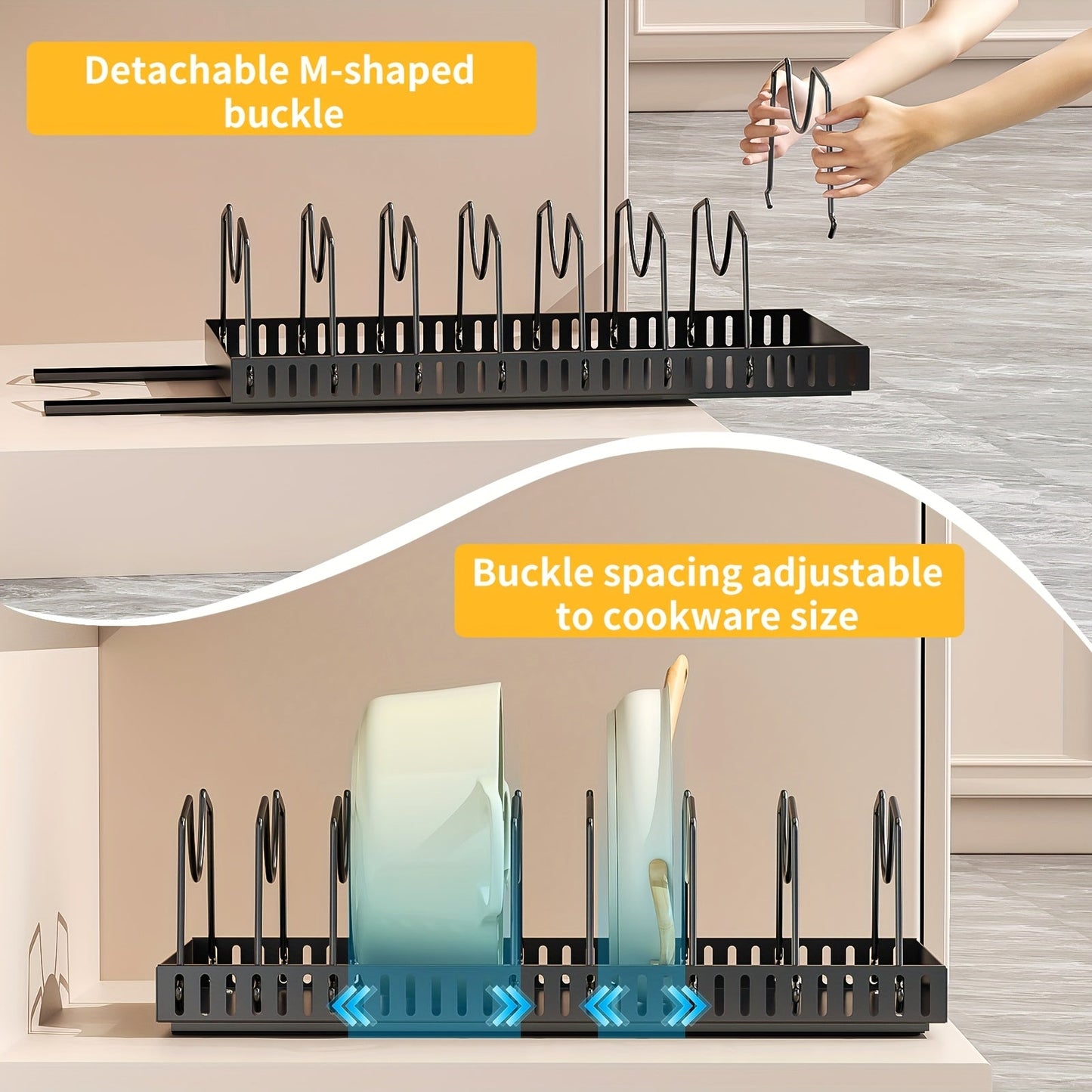 Pull-Out Pot & Pan Cabinet Organizer with Sliding Lid Rack – 8/16 Adjustable Dividers, Drill-Free Install, Kitchen Sliding Storage Box for Lids, Baking Tools & Plates – 1pc or 2pcs, Black & White