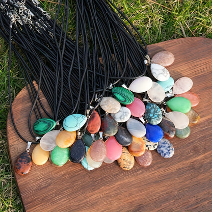 40pcs Natural Crystal Teardrop Pendant Necklace Set – Multi-Color Stone Pendants with Faux Leather Cord, Boho Elegant Jewelry Bulk Pack for Holiday Party DIY Crafts Gift