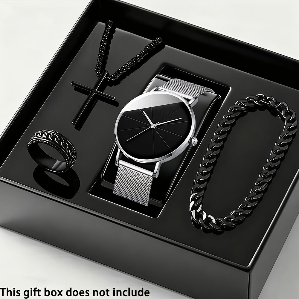 4-Piece Men's Quartz Watch and Bracelet Gift Set - Elegant Alloy Case Round Dial Sports Casual & Business Wristwatches with Matching Bracelet for Everyday Wear, Birthdays & Anniversaries