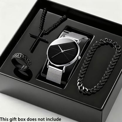 4-Piece Men's Quartz Watch and Bracelet Gift Set - Elegant Alloy Case Round Dial Sports Casual & Business Wristwatches with Matching Bracelet for Everyday Wear, Birthdays & Anniversaries