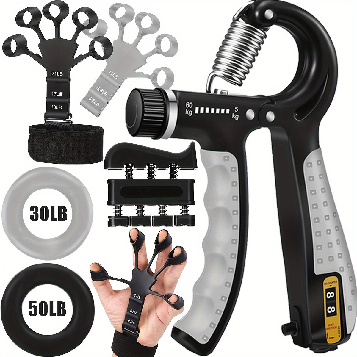Grip Strength Training Set 4-Piece – Forearm Gripper, Finger Exerciser, Hand Strength Ring & Finger Stretcher with Wrist Strap for Men Women Athletes