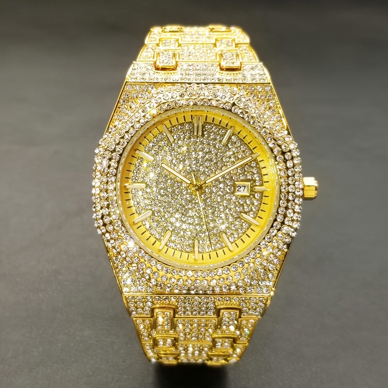 MISS FOX Glam Quartz Watch – Hip Hop Cuban Link, Rhinestone Accents, Luminous Calendar, Alloy Band, Unisex Luxury Fashion Watch for Men & Women, Silver & Gold