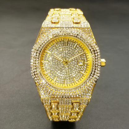 MISS FOX Glam Quartz Watch – Hip Hop Cuban Link, Rhinestone Accents, Luminous Calendar, Alloy Band, Unisex Luxury Fashion Watch for Men & Women, Silver & Gold