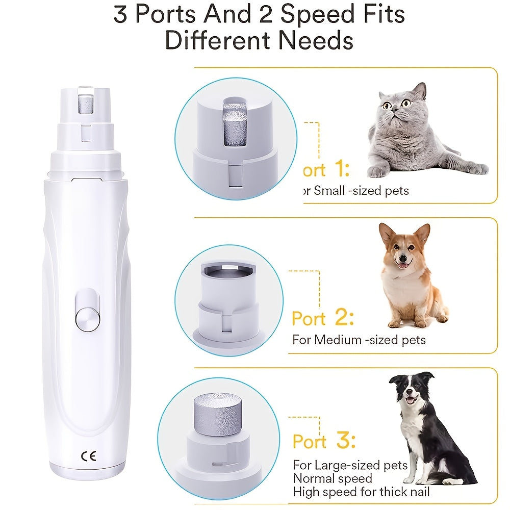 Electric Pet Nail Grinder for Dogs & Cats – Quiet USB Rechargeable Dog Nail Trimmer with 2 Speeds & 3 Port Sizes, Safe Low Noise Claw Grinder Tool