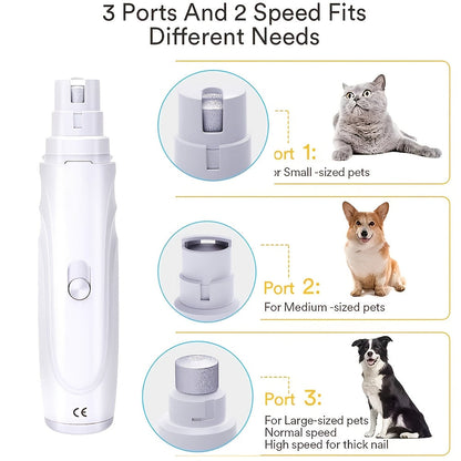 Electric Pet Nail Grinder for Dogs & Cats – Quiet USB Rechargeable Dog Nail Trimmer with 2 Speeds & 3 Port Sizes, Safe Low Noise Claw Grinder Tool