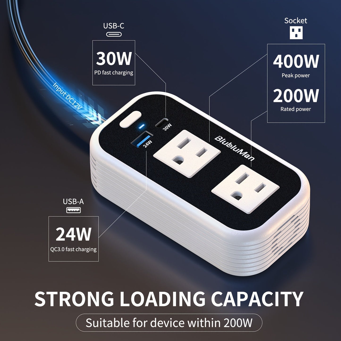 200W Car Power Inverter DC 12V to AC 110V with 30W PD Fast Charge & 24W QC3.0, Car Outlet Adapter for Laptop Phone Tablet, Power Inverter for Vehicles Road Trips Camping