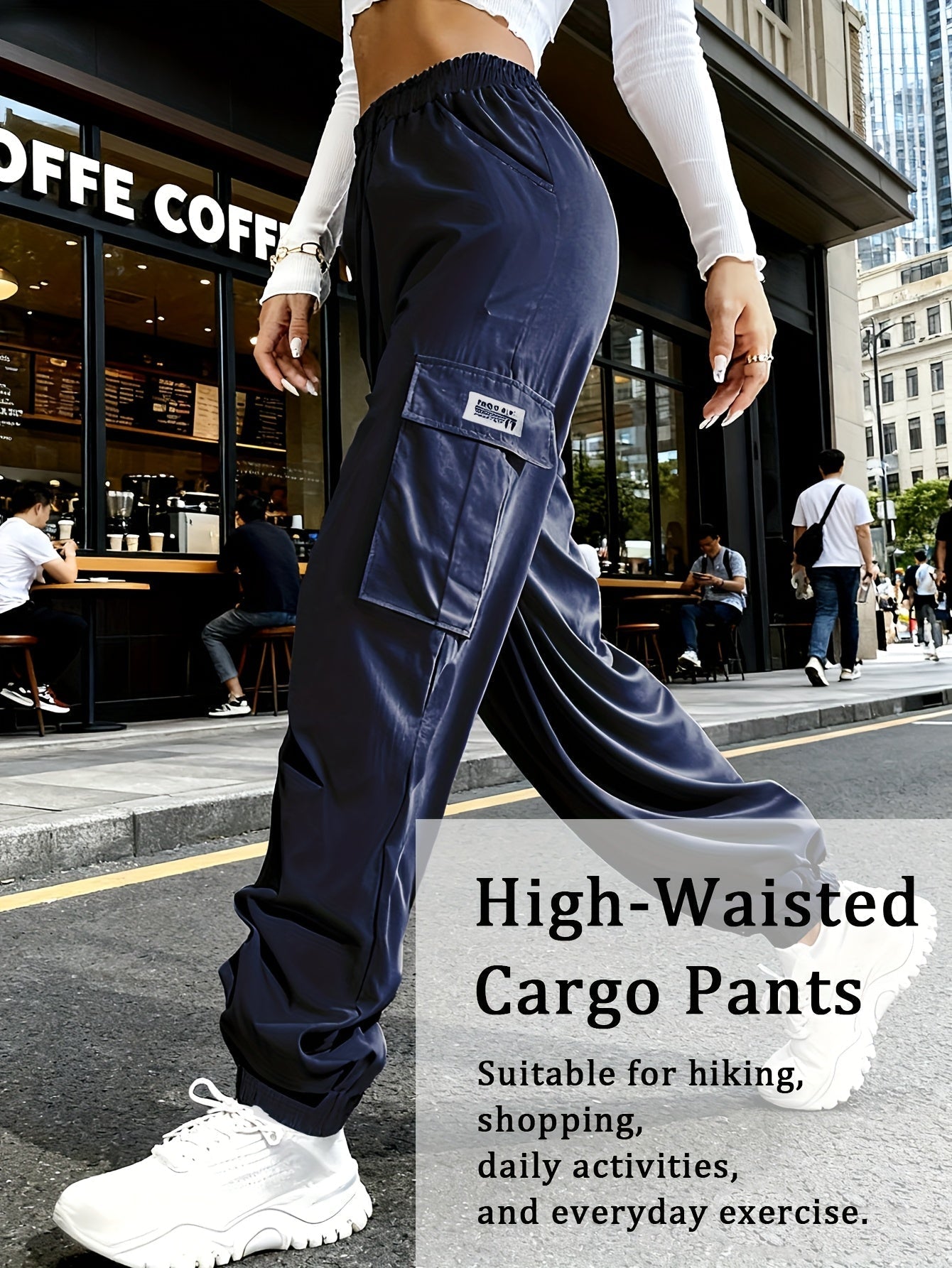 Women's Cargo Pants with Zippered Pockets – Elastic Drawstring Waist Large Pocket Casual Outdoor Trousers Black Grey Green Blue XS-XXL
