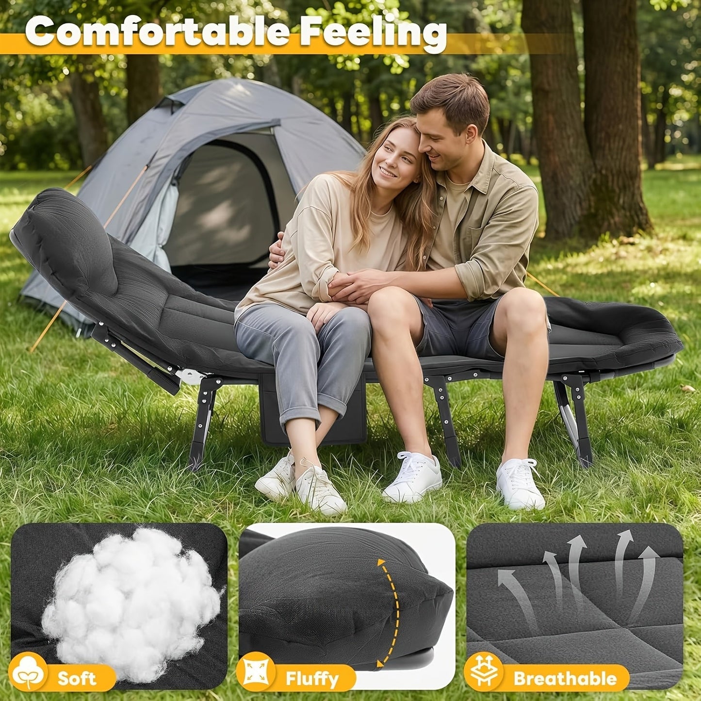 XL Camping Cot with Built-In Headrest & Removable Mattress – 71" Portable Folding Bed, Heavy Duty Frame for Adults – for Camping, Guest Bed, Travel & Picnic