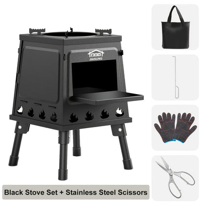 Portable Wood Burning Camp Stove with BBQ Scissors - Lightweight Outdoor Hiking Cookstove & Picnic Grill Set for Travel Camping