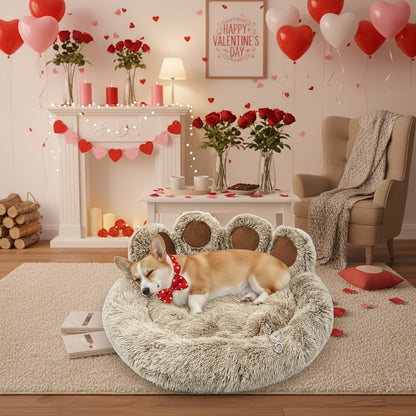 Bear Paw Shaped Donut Dog Bed & Cat Bed – Calming Warm Soft Plush Round Pet Mattress with Bonus Pet Scarf S M L XL 2XL Coffee Pink Grey Brown for Small Medium Large Dogs Cats