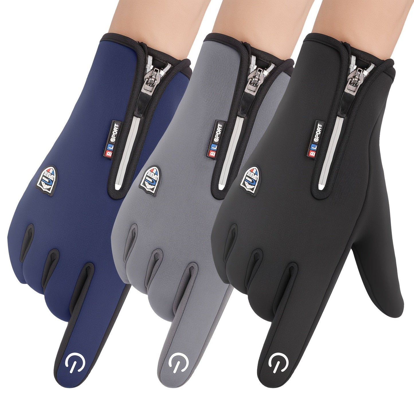 Windproof Waterproof Winter Sports Gloves with Touchscreen & Anti-Slip Grip – Warm Cycling Skiing Gloves for Men & Women, 100% Polyester, Zipper Closure, Sizes M-XL